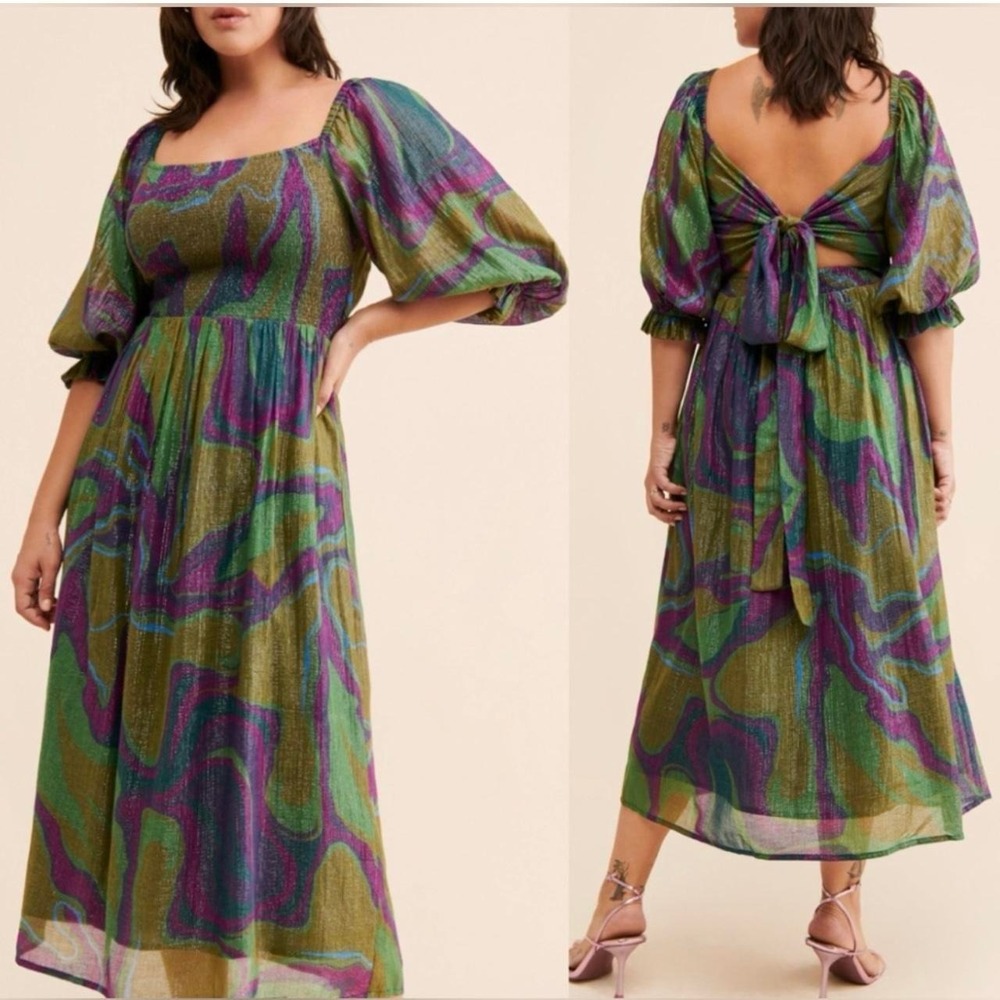 NWT Free People Marbled Metallic Midi Dress Green Purple Open Back Tie‎ Size S